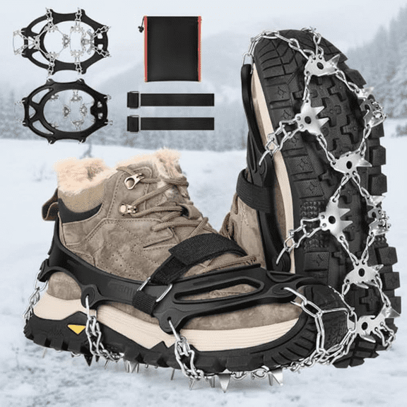 32-Spike Stainless Steel Anti-Slip Ice Cleats for Shoes and Boots, Heavy Duty Crampons and Microspikes for Hiking, Walking, and Winter Traction (Large Size)