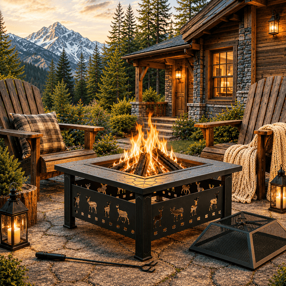 32 Square Fire Pit for Outdoor, Heavy-Duty Wood Burning Firepit Table with Screen Lid, Fire Poker and Elk Cutout Panels for Patio, Backyard and Garden