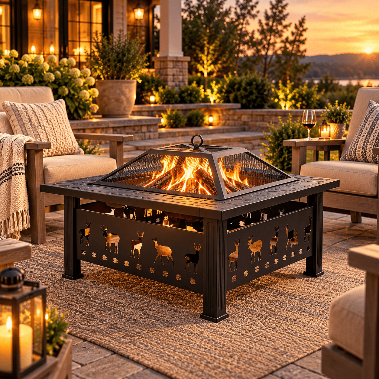32 Square Fire Pit for Outdoor, Heavy-Duty Wood Burning Firepit Table with Screen Lid, Fire Poker and Elk Cutout Panels for Patio, Backyard and Garden