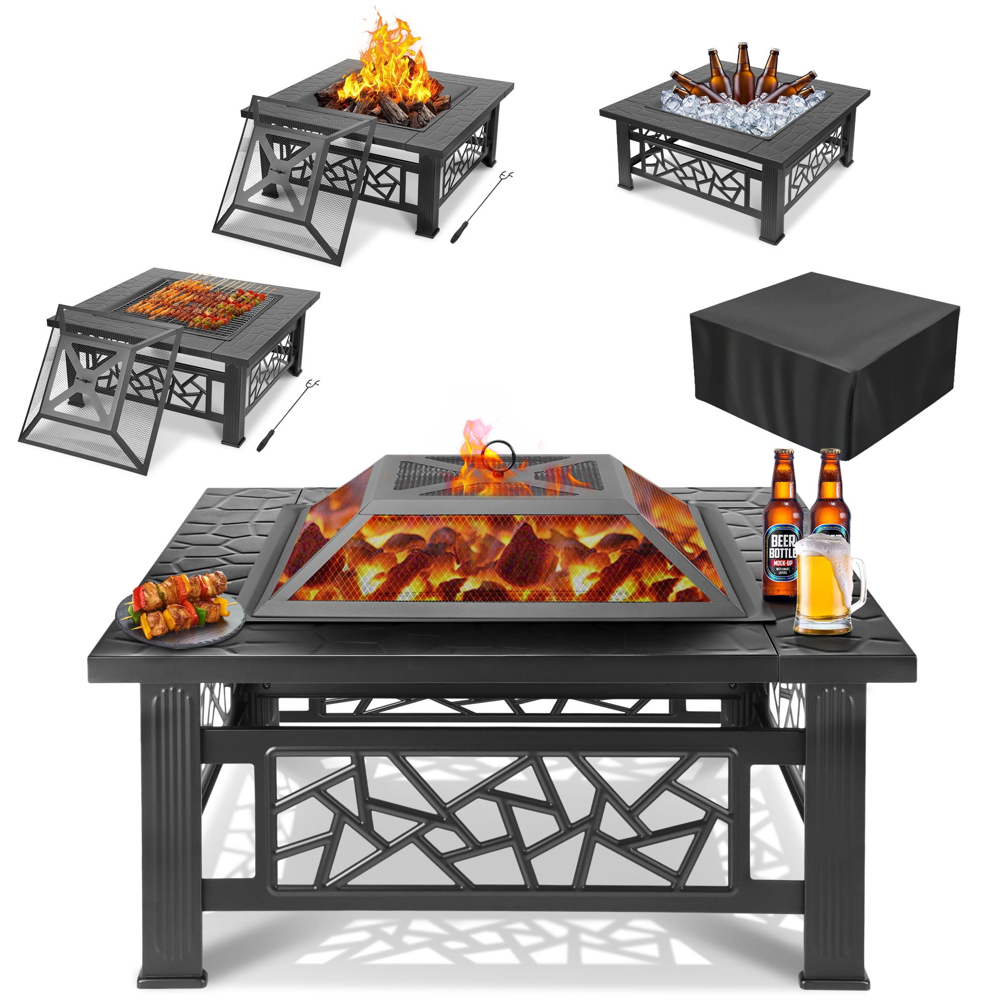 Segmart Fire Pit for Outside 32 Outdoor Wood Burning Firepit with Waterproof Cover Fireplace Screen Patio Fireplace Square Metal Stove for