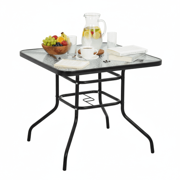 32" Square Patio Table with Umbrella Hole, Outdoor Dining Table Steel Tempered Glass Patio Tables, Coffee Table with Metal Steel Frame, Outdoor Tables for Balcony Garden Deck, Black