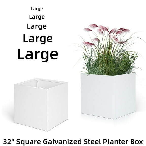 32" Square Planter Box with Drainage Holes for Outdoor Plants Garden Pot Galvanized Tall Flower Metal Steel Heavy Duty for Yard Patio Deck Hotel Front Porch Large Container Decorative, White