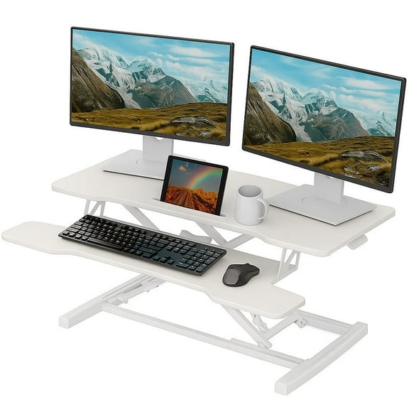 32" Stand Up Desk Converter, Height Adjustable Laptop Sit Stand Desk Riser Laptop Workstation for Table Tops and Home Office with Keyboard Tray, White