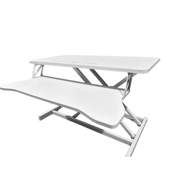 32" Standing Desk Converter with Height Adjustable and Gap Spring, Stand Up Desk Riser with Wide Keyboard Tray, Dual Monitor and Laptop Workstation for Home, Office, White