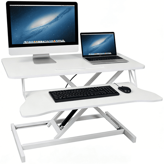 32" Standing Desk Converter with Removeable Keyboard Tray, Height Adjustable Stand Up Desk Riser, Sit to Stand Desk Risers for Dual Monitor and Laptop, 44LBS Weight Capacity, White