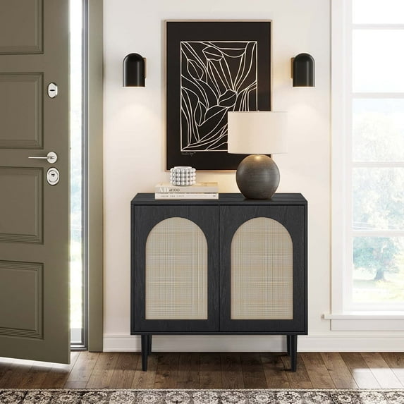 32" Tall 2 Arch Door Accent Storage Cabinet Natural Rattan Door Credenzas Sideboard TV Stand Home Dining Room, Black