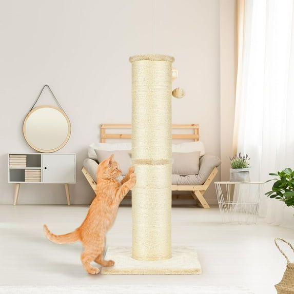 "32'' Tall Beige Cat Scratching Post | 5.5'' Large Diameter Natural Sisal | Durable Scratch-Resistant Cat Scratcher for Indoor Furniture Protection"