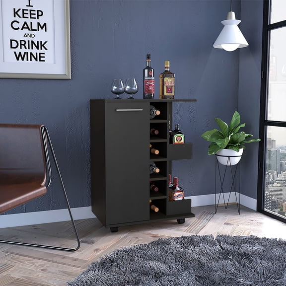 32" Tall Black Coffee Cart with Enclosed and Open Storage | Ideal for Small Bars, Organizes Beverages