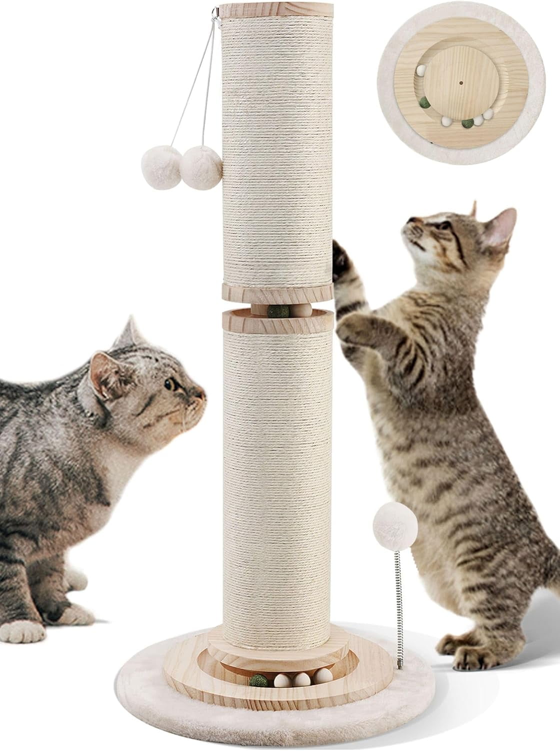 32" Tall Cat Scratching Post, 4.3Inch Large Diameter Natural Sisal Rope Scratcher Post for Indoor Large Cats Kittens, 5-in-1 Interactive Turntable Cat Scratch Post