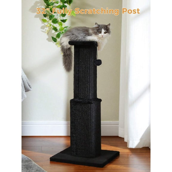 32"Tall Large Cat Scratching Post Scratching Post For Indoor Cats Adults Ultimate Scratch Post With Woven Sisal, Large Base And Removable Dangling Ball,Black