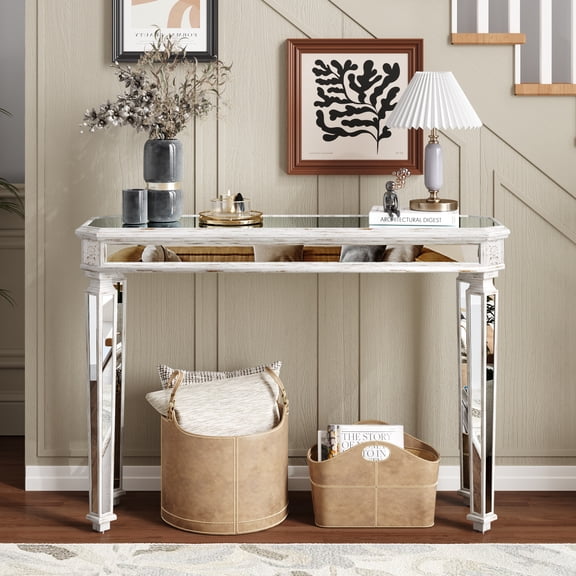 32" Tall Mirrored Console Table with 4 Solid Legs, Rectangle Glass Entryway Table with Vintage Carved Elements, Modern Console Table for Living Room Office, Silver