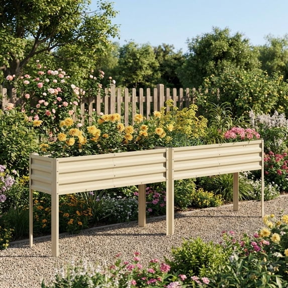 32" Tall Self-Watering Raised Garden Bed with Legs, Heavy Duty Galvanized Steel Planter, Modular Ergonomic Design for Patio Backyard, Beige