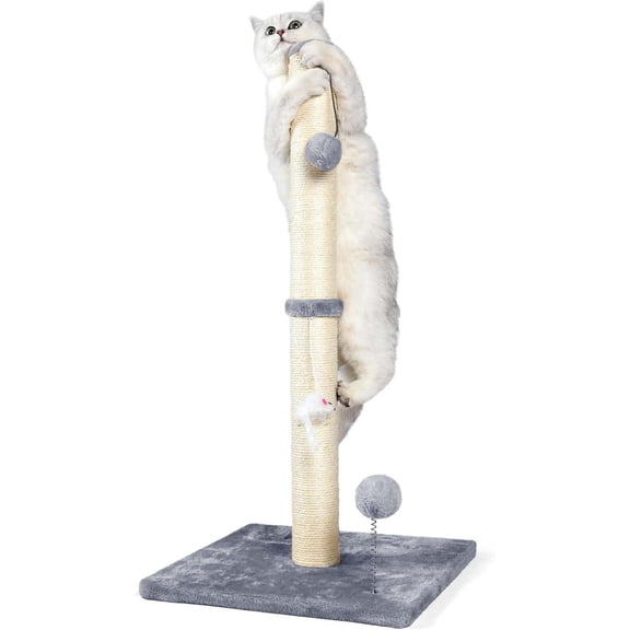 32" Tall Sisal Cat Scratching Posts Tree for Indoor Cats Adults, Gray | Sisal Cat Scratcher, Small Space, Cat Post with Dangling Plush Toys for Indoor Cats, 15.7" Stable Base, Cat Furniture