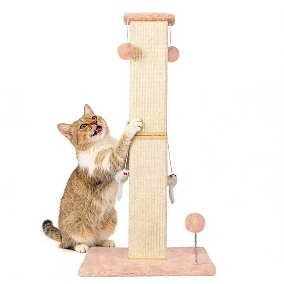 32" Tall Vertical Cat Tree with Dangling Sisal Rope Scratcher, Beige