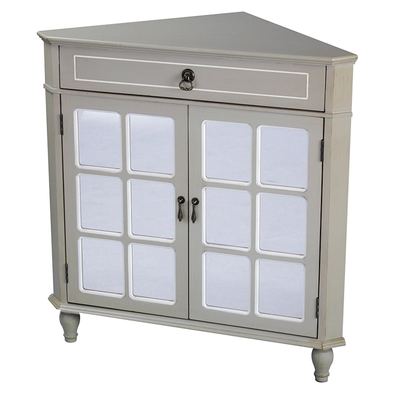 32 Taupe Wood Mirrored Glass Corner Cabinet With A Drawer And 2 Doors