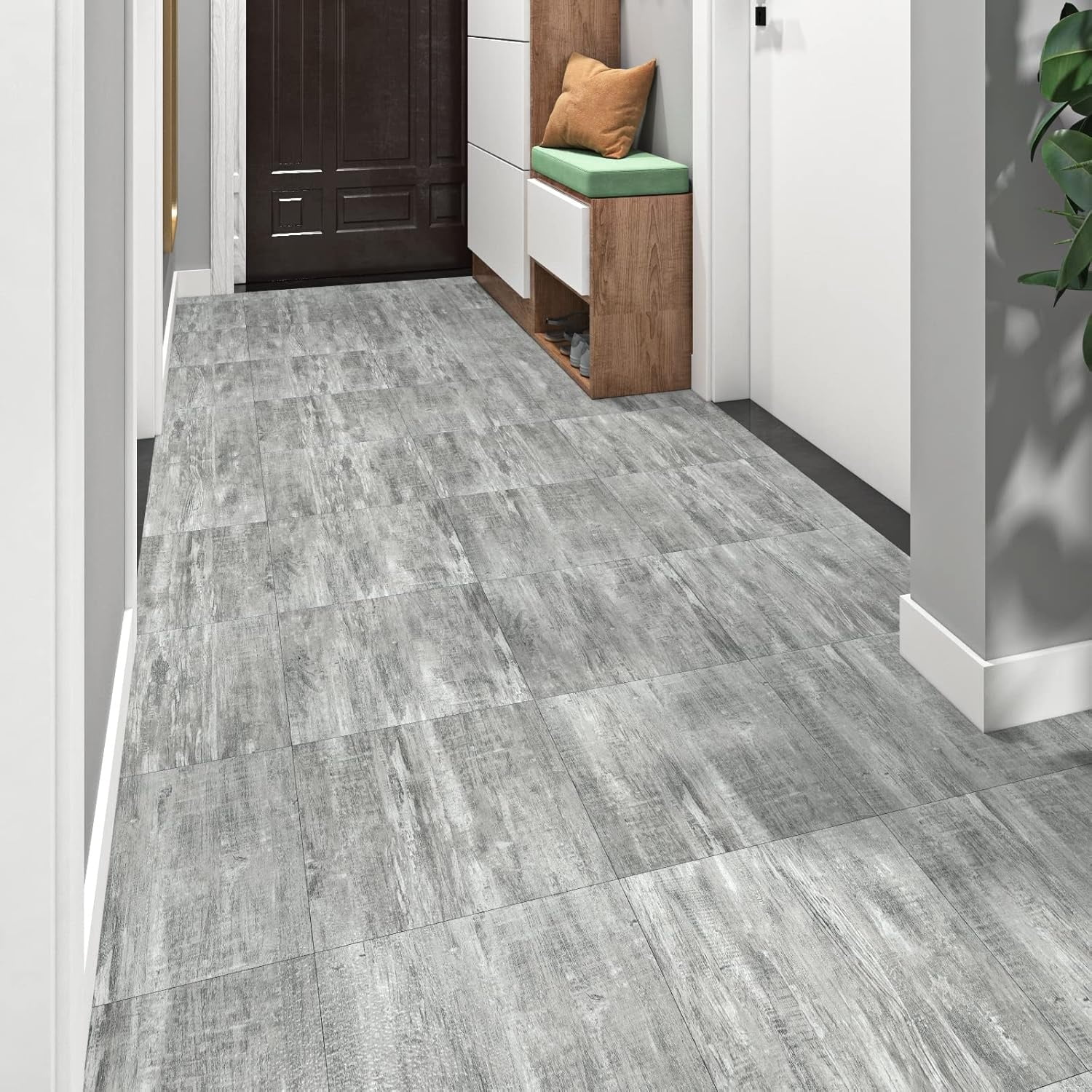 32-Tiles Stick on Floor Tiles Waterproof Peel and Stick Floor Tile for Kitchen Bathroom Bedroom Floors Retro Easy Vinyl Flooring Peel and Stick 12X12 Light Grey Wood Laminate Flooring
