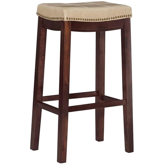 32" Transitional Wood Bar Stool, Beige Faux Leather Upholstery, Dark Brown Frame, Antiqued Brass Nailhead Trim, 275 lb Weight Limit, Bar Height Seating for Kitchen or Home Bar