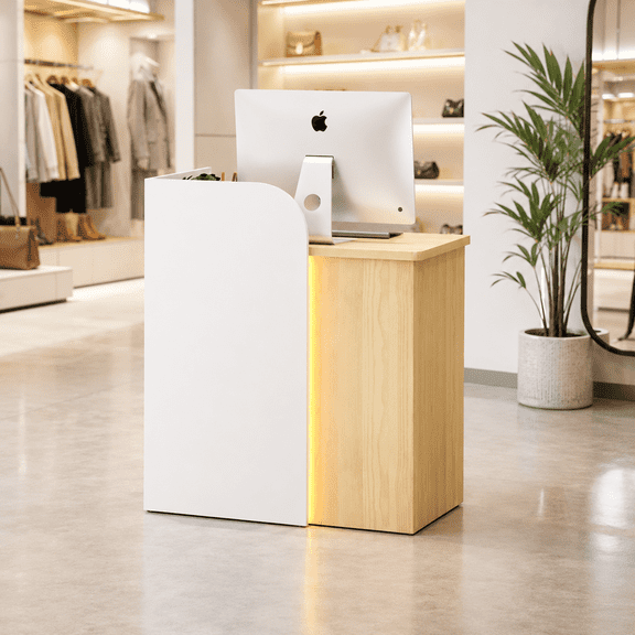 31.5" Two-Tone Reception Desk with LED Light & Drawer, Small Front Desk Checkout Counter for Salon, Clinic, Retail & Office, White & Natural Oak