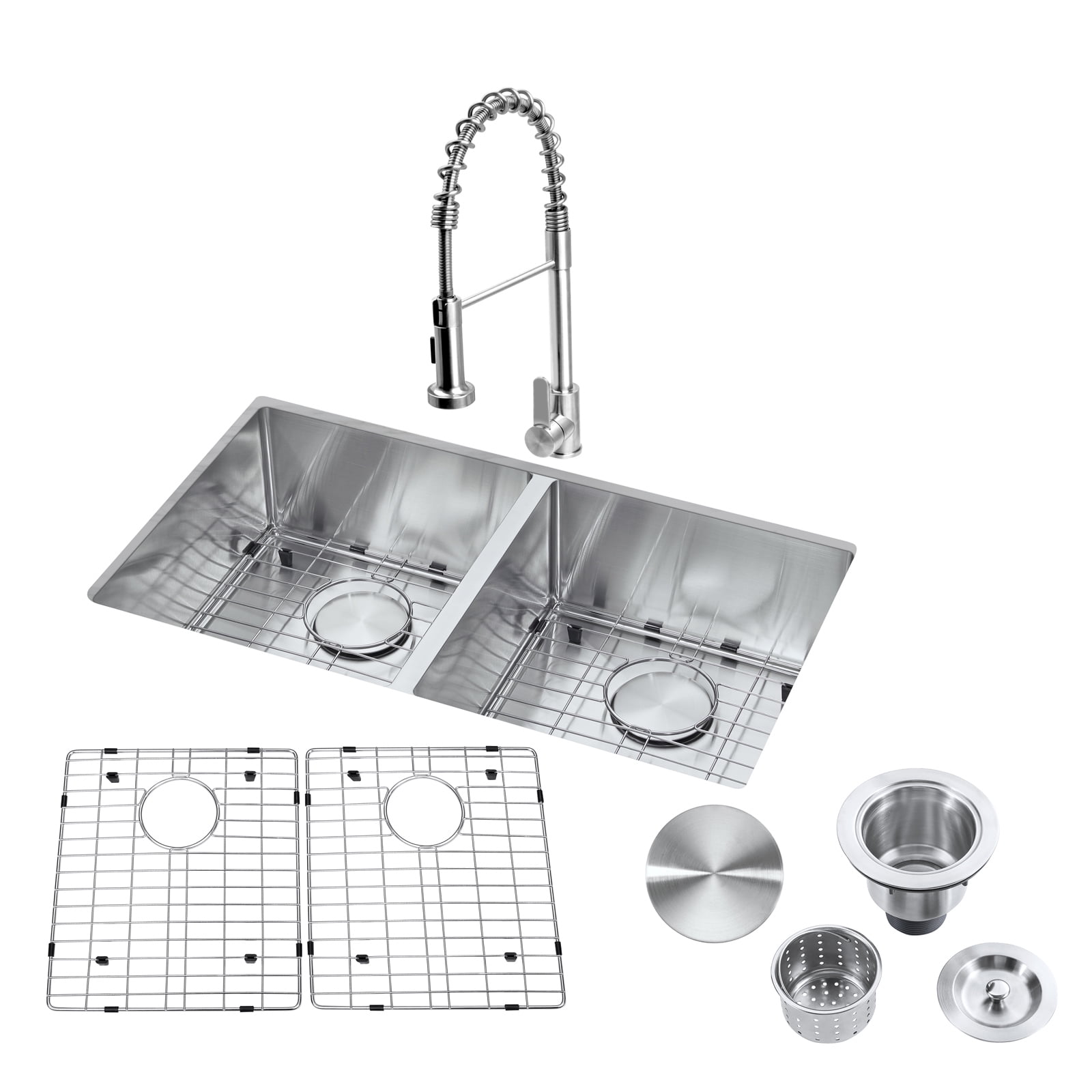 32" Undermount 50/50 Double Bowl Kitchen Sink and Pull-down Faucet Combo with Drain Assembly with Strainer, Protective Bottom Grid, All in One