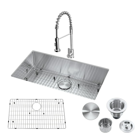 32" Undermount Kitchen Sink and Pull-down Faucet Combo with Drain Assembly with Strainer, Protective Bottom Grid, All in One (32" x 18" x 9")