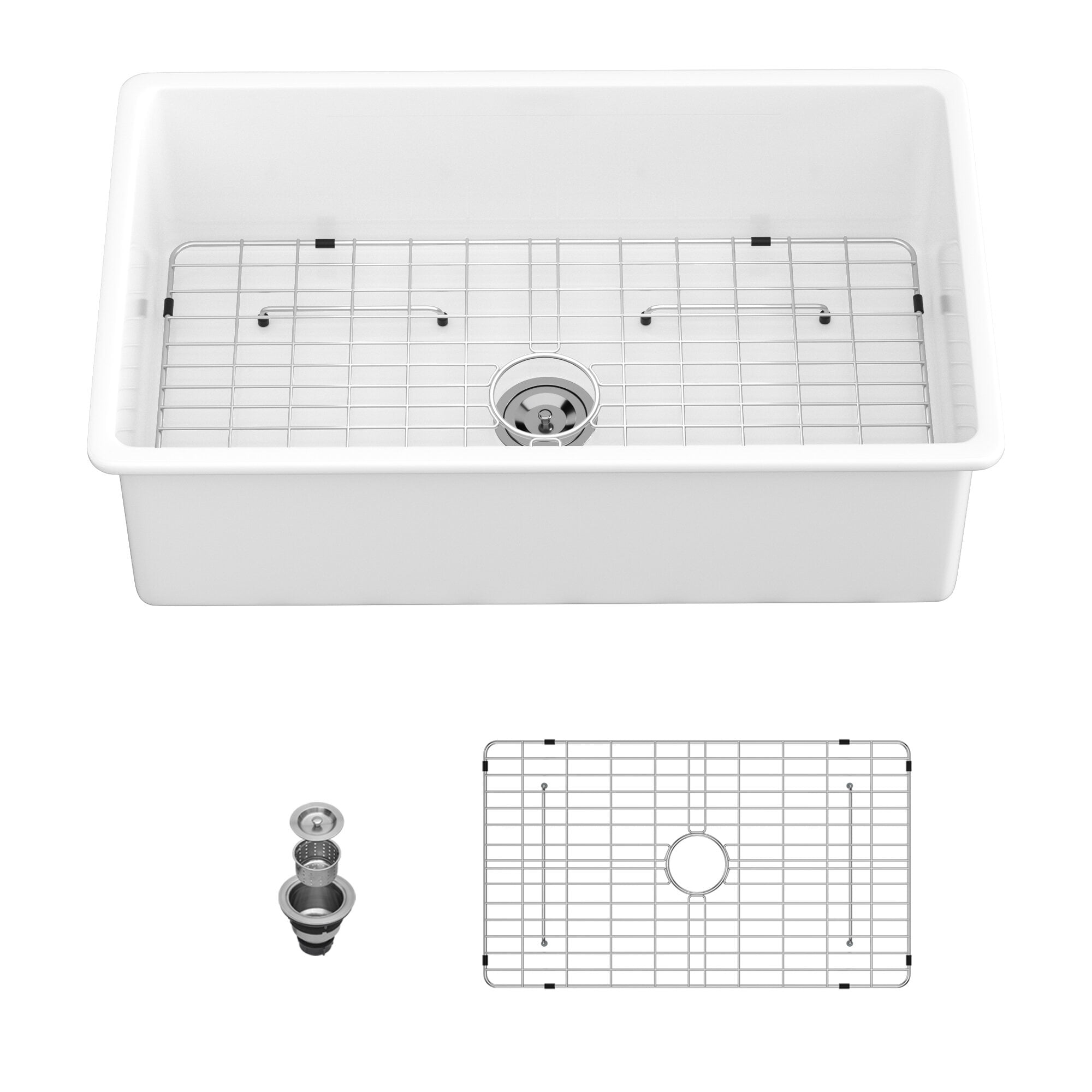 32" Undermount Single Bowl Ceramic Kitchen Sink, Dual Mount White Farmhouse Sink with 10" Depth, Includes Stainless Steel Grid & Basket Strainer