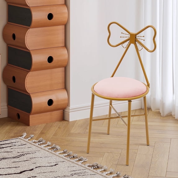 TOOL1SHOoo 30.7" Vanity Stool Metal Bow Tie Makeup Chair Velvet Sitting Stool w/ Backrest for Girls' Bedroom Pink