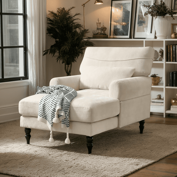 CKEASEAN 51.57'' Modern Chenille Chaise Lounge Sofa Indoor, Comfy Sleeper Sofa Chair with Deep Cushion, Upholstered Leisure Recliner Chair with Armrest for Living Room, Apartment, Easy Assembly