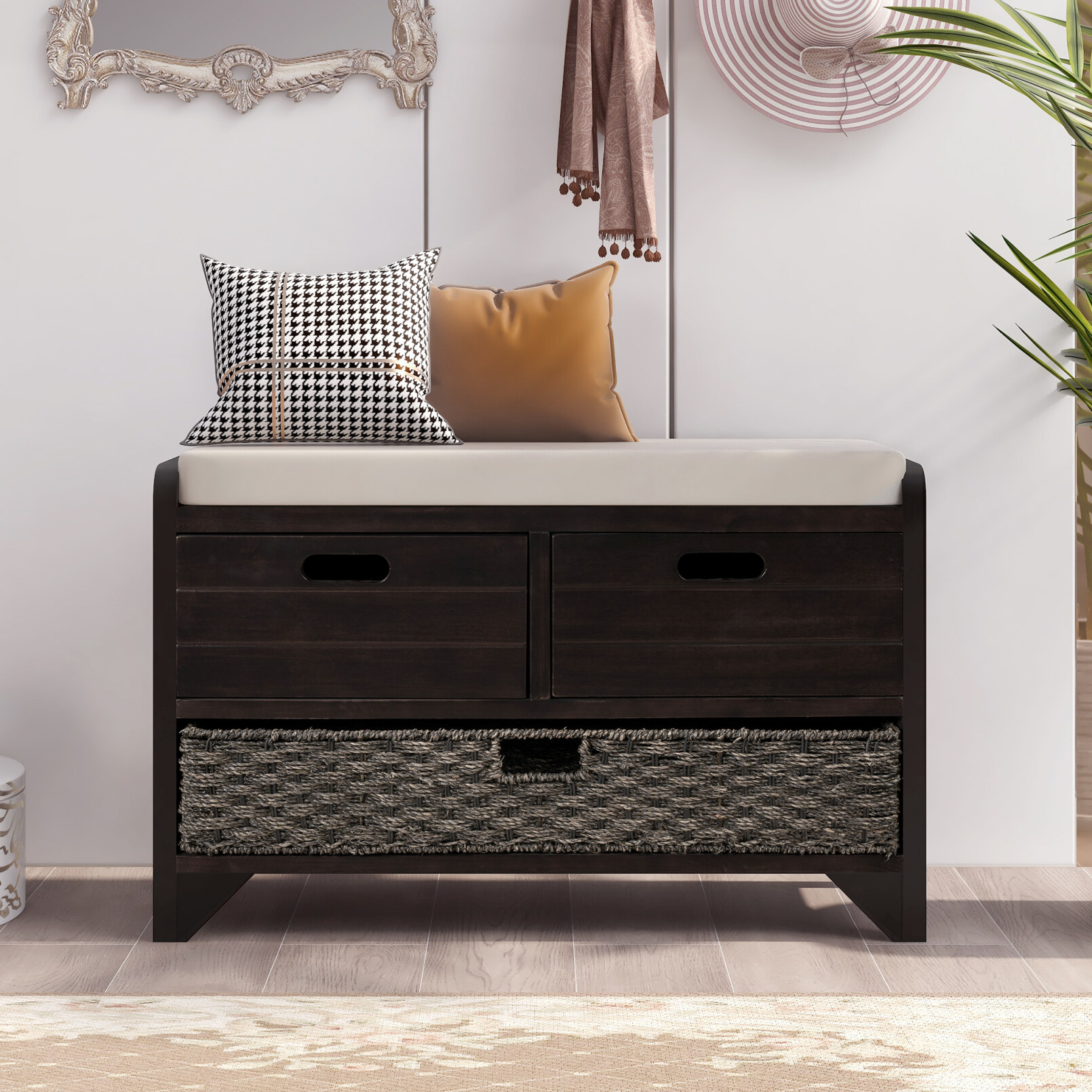 32''W Storage Bench with Removable Rattan Basket and 2 Drawers, Narrow