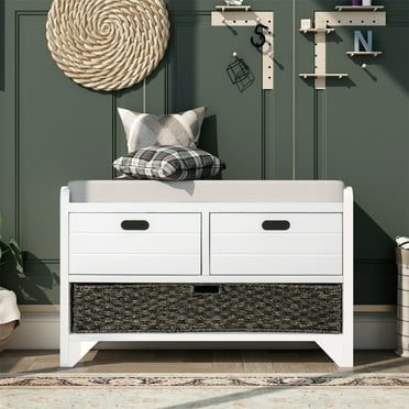 32''W Storage Bench with Removable Rattan Basket and 2 Drawers, Narrow Shoe Bench with Removable Seat Cushion, Wooden Entryway Bench with Rubber Foot Pads for Hallway, Living Room