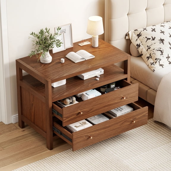 32"W x 19"D Wood Nightstand with 2 Drawers & Open Cubby, Storage Bedside Table for Bedroom