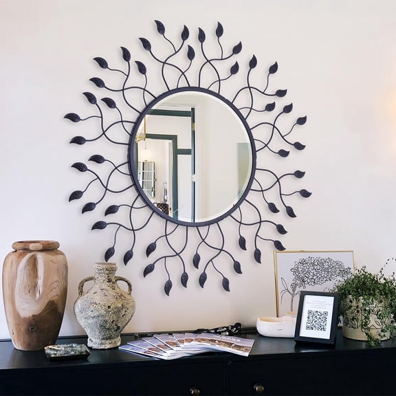 32" Wall Decorative Mirror with Metal Leaves, Black Living Room Mirror with Beveled Edge, Glam Mirror for Bedroom, Foyer, Entrance