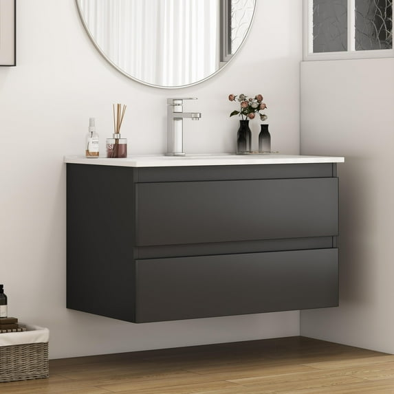 32" Wall-Mounted Bathroom Vanity with Ceramic Sink, Floating Bathroom Vanity with Soft-Close Drawers,Bathroom Storage Cabinet, Easy to Install, Black Brown