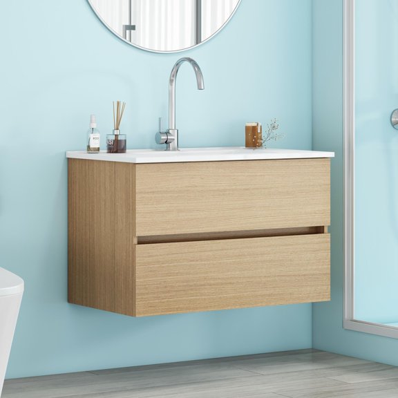 32" Wall-Mounted Bathroom Vanity with Ceramic Sink, Floating Bathroom Vanity with Soft-Close Drawers,Bathroom Storage Cabinet, Easy to Install, Natural
