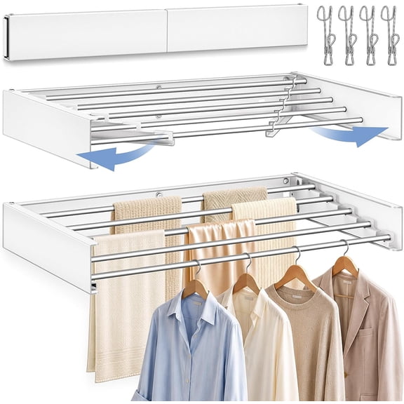 32'' Wall Mounted Clothes Drying Rack, Foldable & Collapsible Wall Mount Laundry Rack w/ 5 Thickened Rods & 4 Hooks, Space Saver Hanging Drying Rack Clothing for Laundry Room Bathroom Indoor