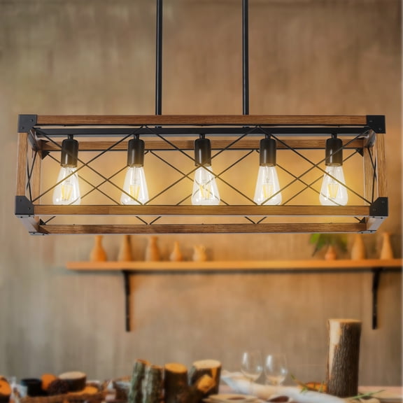 32" Walnut Industrial 5-Light Pendant Light, Farmhouse Rectangle Chandelier for Dining Room Kitchen Island Cafe Decor, Adjustable Height