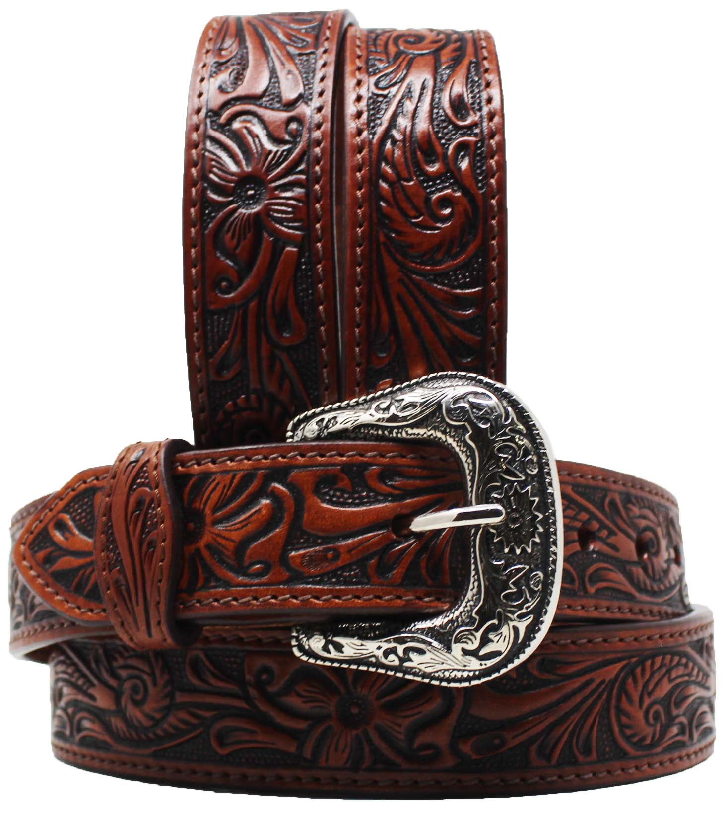Western Leather Belt Floral Embroidered Brown‎ 32 Artisan Handcrafted Western Floral Embossed Leather Belt  main image 4