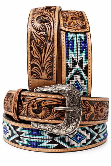 Turquoise & Brown Beaded Tooled Leather Western Belt with Ornate Silver Buckle Tooled Brown Leather Belt : Turquoise Stone Western Buckle  main image 4