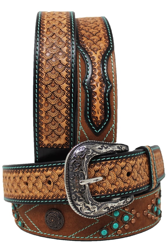32 Western Antique Turquoise Stone Full-Grain Leather Belt 26FK78