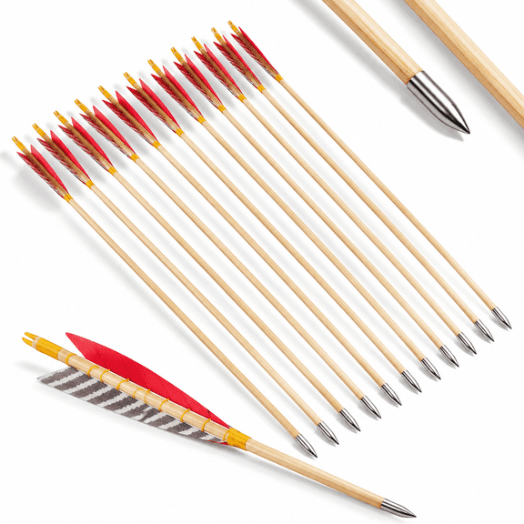 32" White&Red Wooden Archery Target Practice Arrows for Recurve & Traditional Longbow, Pack of 12