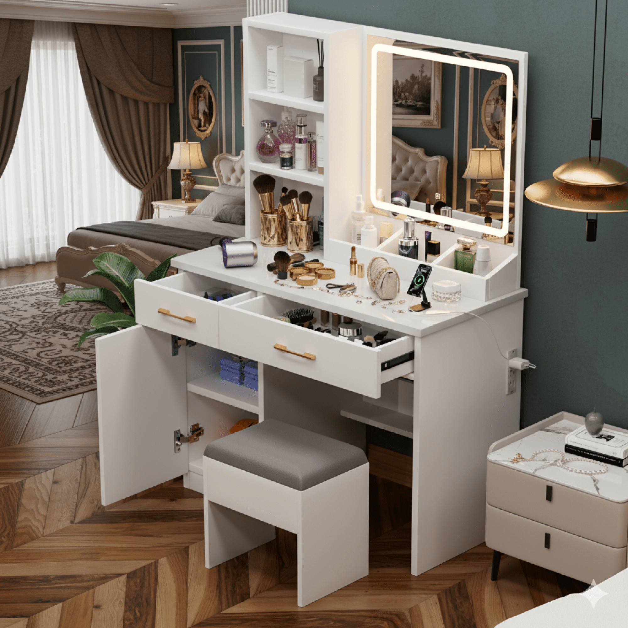 32" White Vanity Desk Set with Mirror and Lights, Makeup Table Dressing Table with with Large Storage Space and Cushioned Stool for Bedroom