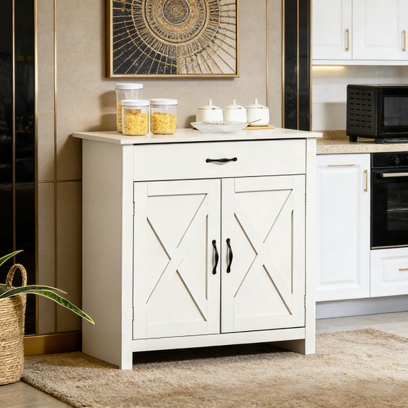 32" White Wash Farmhouse Buffet Cabinet with Barn Door Style Sliding Doors, Accent Sideboard for Kitchen, Living Room or Entryway