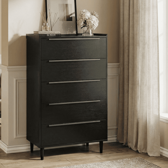 32" Wide Black Dresser, 48" Tall Modern 5 Drawer Chest of Drawers with Wood Grain Finish, Slim Vertical Storage Cabinet with Raised Edge & Anti-Tip Kit