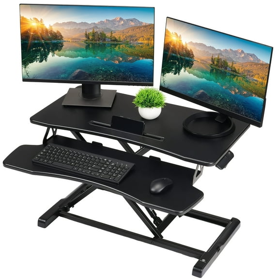 32" Wide Height Adjustable Sit Stand Up Desk Riser With Keyboard Tray, Desktop Workstation Riser For Home Office Computer Laptop, Black