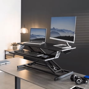 32" Wide Height Adjustable Sit Stand Up Desk Riser with Keyboard Tray, Desktop Workstation Riser for Home Office Computer Laptop, Black