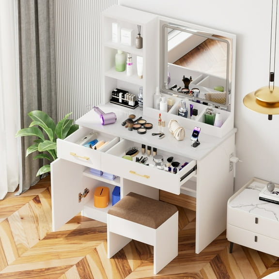 32'' Wide Makeup Vanity Desk with Lighted Mirror and Power Outlet, Dressing Table with Large Storage Space and Cushioned Stool for Bedroom & Studio