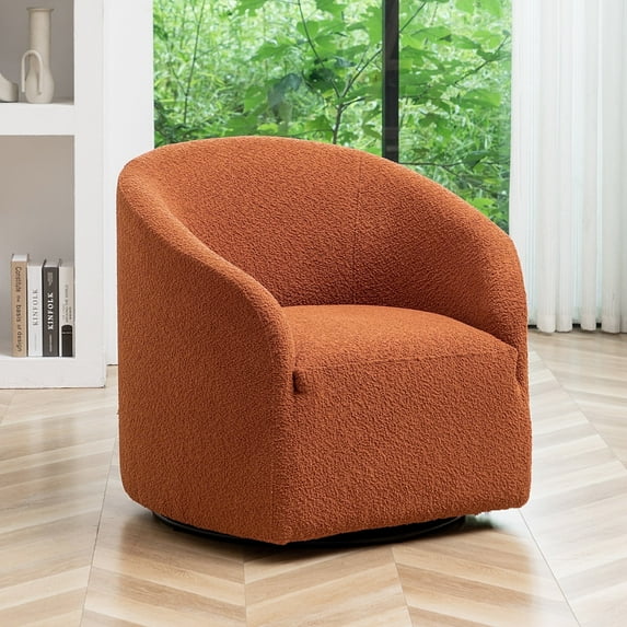 32" Wide Modern Boucle Swivel Barrel Chair, No Assembly Round Upholstered Swivel Accent Armchair for Living Room, Bedroom, Office (Caramel)