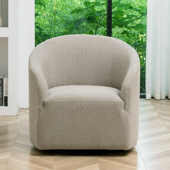 32" Wide Modern Boucle Swivel Barrel Chair, No Assembly Round Upholstered Swivel Accent Armchair for Living Room, Bedroom, Office (Oatmeal)