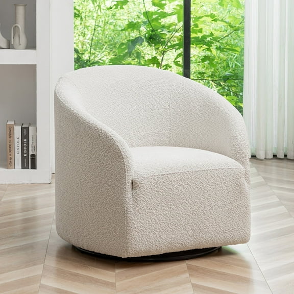 32" Wide Modern Boucle Swivel Barrel Chair, No Assembly Round Upholstered Swivel Accent Armchair for Living Room, Bedroom, Office (White)