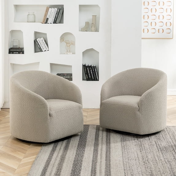 32" Wide Modern Boucle Swivel Barrel Chairs Set of 2, No Assembly Round Upholstered Swivel Accent Armchairs for Living Room, Bedroom (Oatmeal)