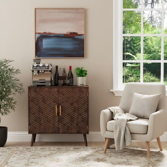 32" Wide Sideboard Buffet with Adjustable Shelves & Gold Handles - Featuring Solid Wood Legs. A Stylish Storage Cabinet for Dining & Living Room in Brown